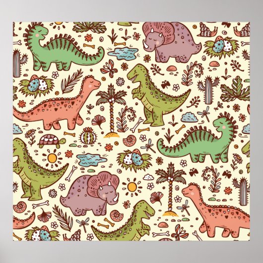 Schattigee Cartoon Dinosaurus  Patroon Poster (Voorkant)