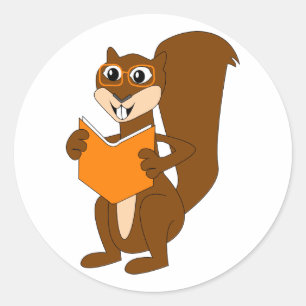 Schattigee Cartoon Eekhoorn met Bril Leesboek Ronde Sticker