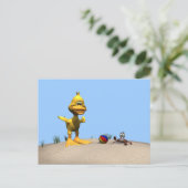 Schattigee Cartoon eend en krab op het strand Briefkaart (Staand voorkant)