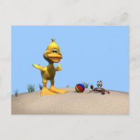 Schattigee Cartoon eend en krab op het strand
