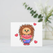 Schattigee cartoon egel met watermeloen briefkaart (Staand voorkant)