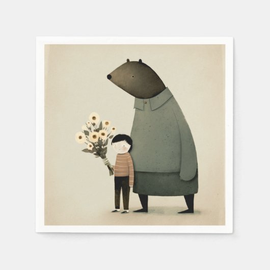 Schattigee cartoon fee beer en jongen. Verjaardag  Servet (Voorkant)