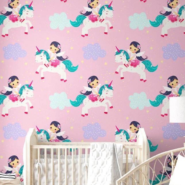 Schattigee Cartoon Flying Eenhoorn Roze Kwekerij K Behang (Cute Cartoon Flying Unicorn Pink Nursery Room Wallpaper)