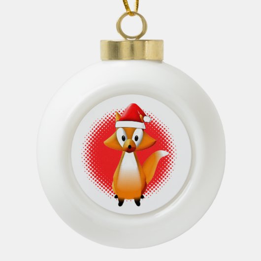 Schattigee Cartoon Fox Dier met Santas Pet Rood Keramische Bal Ornament (Voorkant)