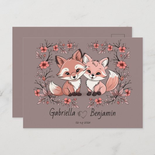 Schattigee Cartoon Fox Lovers Hart Valentijn's Day Briefkaart (Voorkant / Achterkant)
