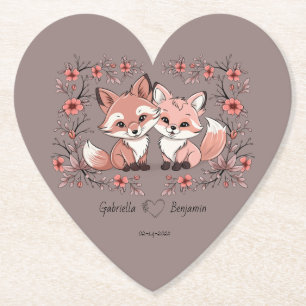 Schattigee Cartoon Fox Lovers Hearts Valentijn's D Kartonnen Onderzetters