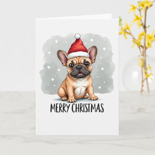 Schattigee Cartoon Franse Bulldog in Santa Hat Chr Kaart (Gele Bloem)