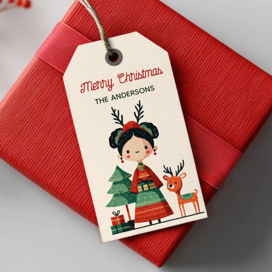 Schattigee Cartoon Frida Kahlo Retro Vrolijk Kerst Cadeaulabel