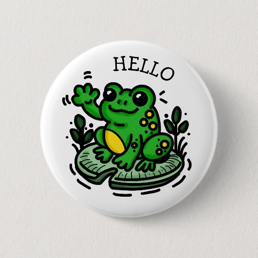 Schattigee Cartoon Frog op Lily pad gezegde Hallo Ronde Button 5,7 Cm (Voorkant)