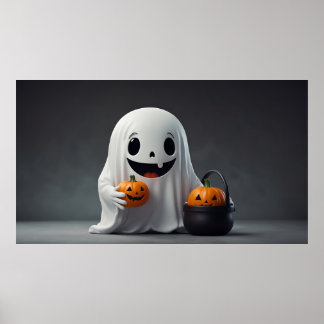 Schattigee Cartoon Ghost met een Trick-or-Treat Ba Poster