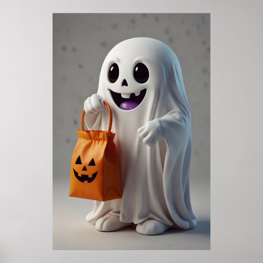 Schattigee Cartoon Ghost met een Trick-or-Treat Ba Poster (Voorkant)