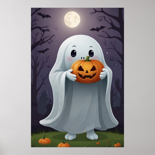 Schattigee Cartoon Ghost met een Trick-or-Treat Ba Poster (Voorkant)