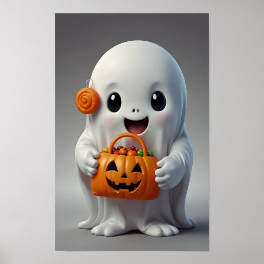 Schattigee Cartoon Ghost met een Trick-or-Treat Ba Poster (Voorkant)