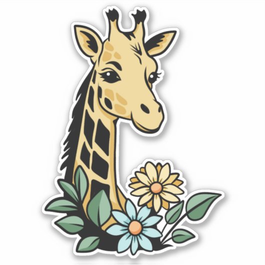 Schattigee Cartoon Giraffe en bloemen Sticker (Voorkant)