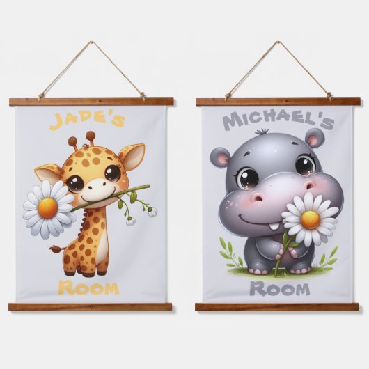 Schattigee Cartoon Giraffe en Hippo Kinderkamer Hangend Wandkleed (Dubbel)