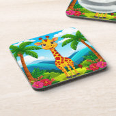 Schattigee Cartoon Giraffe in een tropisch landsch Bier Onderzetter (Linkerzijde)