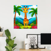 Schattigee Cartoon Giraffe in een tropisch landsch Poster (Thuiskantoor)