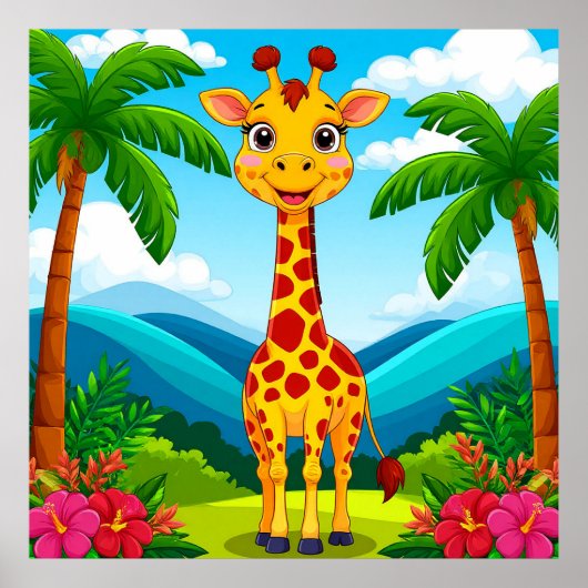 Schattigee Cartoon Giraffe in een tropisch landsch Poster (Voorkant)