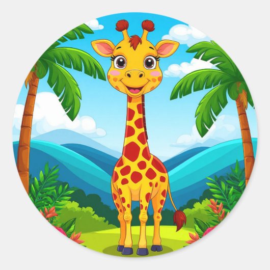 Schattigee Cartoon Giraffe in een tropisch landsch Ronde Sticker (Voorkant)