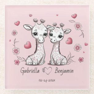 Schattigee Cartoon Giraffe Lovers Hearts Valentijn Glazen Onderzetter