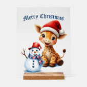 Schattigee Cartoon Giraffe met Santa Hat & Snowman Acryl Bord (Voorkant)