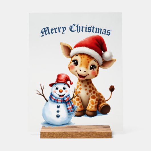 Schattigee Cartoon Giraffe met Santa Hat & Snowman Acryl Bord (Voorkant)