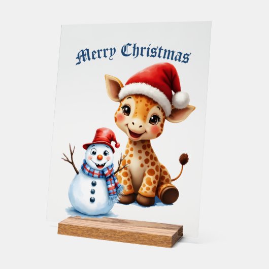Schattigee Cartoon Giraffe met Santa Hat & Snowman Acryl Bord (Hoek)