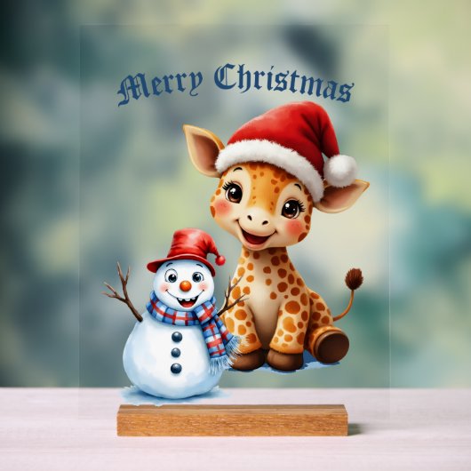 Schattigee Cartoon Giraffe met Santa Hat & Snowman Acryl Bord (Neutraal)