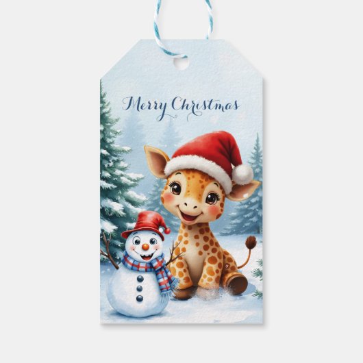 Schattigee Cartoon Giraffe met Santa Hat & Snowman Cadeaulabel (Achterkant)