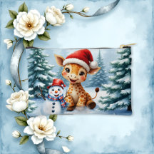 Schattigee Cartoon Giraffe met Santa Hat & Snowman