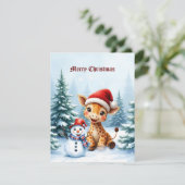 Schattigee Cartoon Giraffe met Santa Hat & Snowman Feestdagenkaart (Staand voorkant)