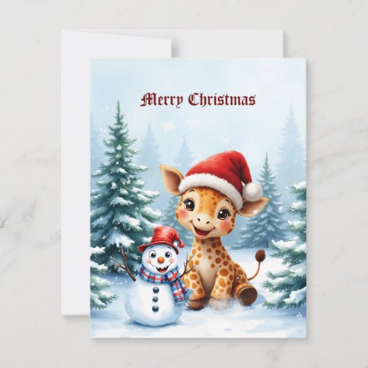 Schattigee Cartoon Giraffe met Santa Hat & Snowman Feestdagenkaart (Voorkant)