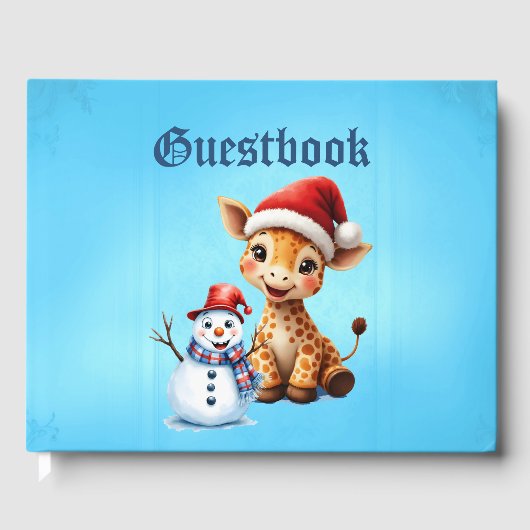 Schattigee Cartoon Giraffe met Santa Hat & Snowman Gastenboek (Voorkant)