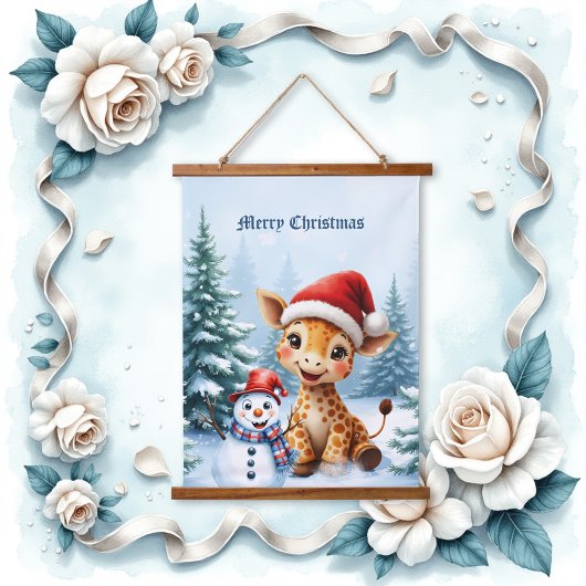 Schattigee Cartoon Giraffe met Santa Hat & Snowman Hangend Wandkleed