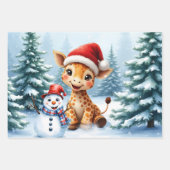 Schattigee Cartoon Giraffe met Santa Hat & Snowman Inpakpapier Vel (Voorkant)