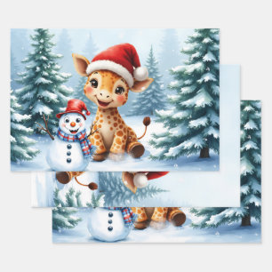 Schattigee Cartoon Giraffe met Santa Hat & Snowman Inpakpapier Vel