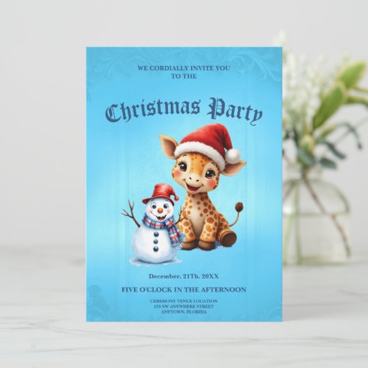 Schattigee Cartoon Giraffe met Santa Hat & Snowman Kaart (Staand voorkant)