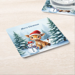 Schattigee Cartoon Giraffe met Santa Hat & Snowman Kartonnen Onderzetters