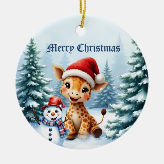 Schattigee Cartoon Giraffe met Santa Hat & Snowman Keramisch Ornament (Voorkant)