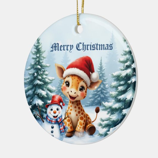 Schattigee Cartoon Giraffe met Santa Hat & Snowman Keramisch Ornament (Links)