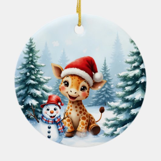 Schattigee Cartoon Giraffe met Santa Hat & Snowman Keramisch Ornament (Achterkant)