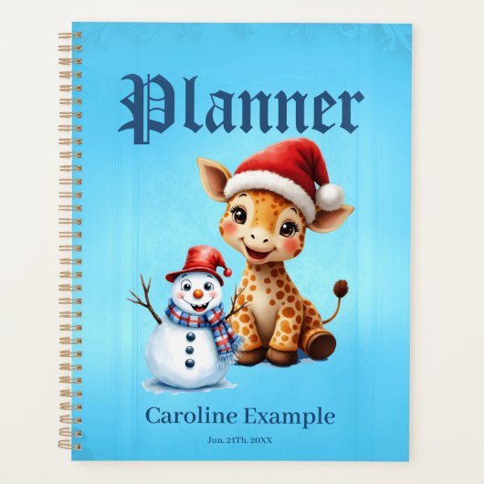 Schattigee Cartoon Giraffe met Santa Hat & Snowman Planner (Voorkant)