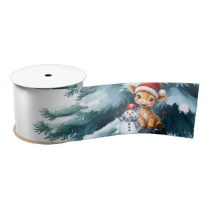 Schattigee Cartoon Giraffe met Santa Hat & Snowman Satijnen Lint