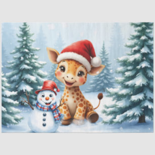 Schattigee Cartoon Giraffe met Santa Hat & Snowman Tissuepapier