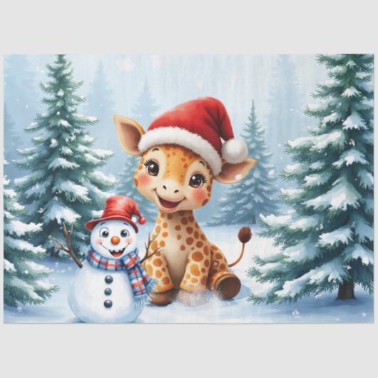 Schattigee Cartoon Giraffe met Santa Hat & Snowman Tissuepapier (Voorkant)
