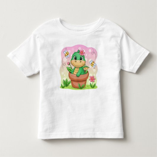 Schattigee cartoon groene draak in de bloempot kinder shirts (Voorkant)