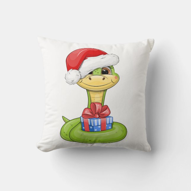 Schattigee cartoon groene slang met cadeau. kussen (Voorkant)