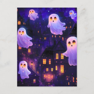 Schattigee Cartoon Halloween Midnight Flying Ghost Feestdagenkaart
