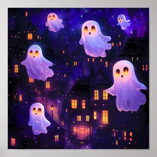 Schattigee Cartoon Halloween Midnight Flying Ghost Poster (Voorkant)