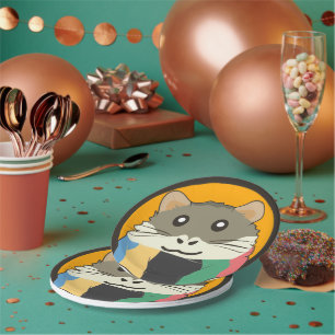 Schattigee cartoon hamster met een veelkleurige sj papieren bordje